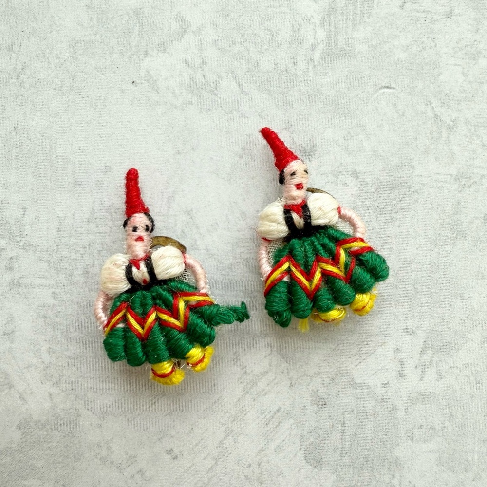 Embroidered Folk Dancer Clip On Earrings